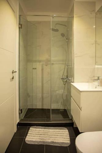 a bathroom with a shower and a toilet and a sink at Pool View Apartment @Embassy Gardens in Cantonments
