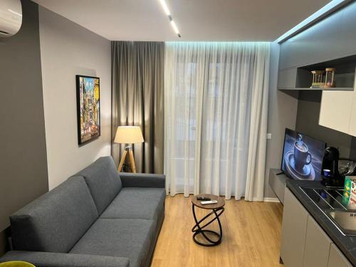 uma sala de estar com um sofá cinzento e uma cozinha em Dan apartment Tirana em Tirana