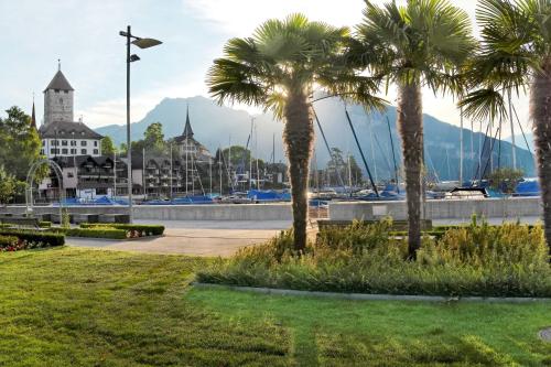 シュピーツにあるHotel Seasideの港前のヤシの木が茂る公園
