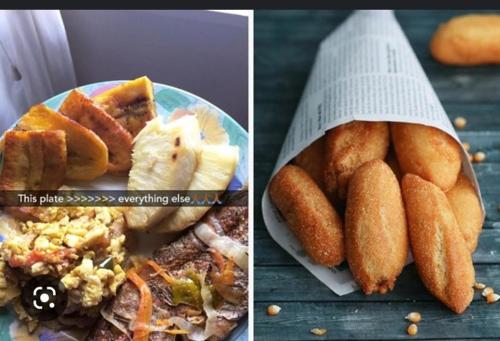 two pictures of food on a plate on a table at Beautiful 1-Bed House in New Harbour Village 3 Old Harbour St Catherine Jamaica Secured gated community in Old Harbour