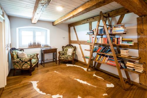 a living room with a book shelf and a ladder at Ferienhof Greuthof in Bad Wurzach