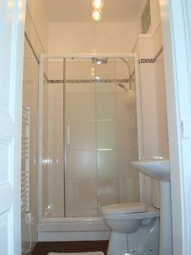 a bathroom with a shower and a toilet and a sink at La Belle Maison in Eymoutiers