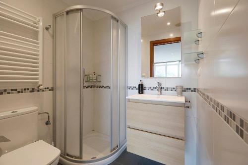 a bathroom with a shower and a toilet and a sink at San Sebastian Orio apartment on the beach garage in Orio