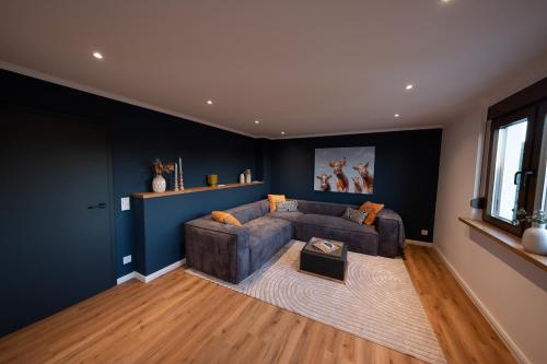 a living room with a gray couch and blue walls at Eifellodge - am roten Sandberg in Prüm