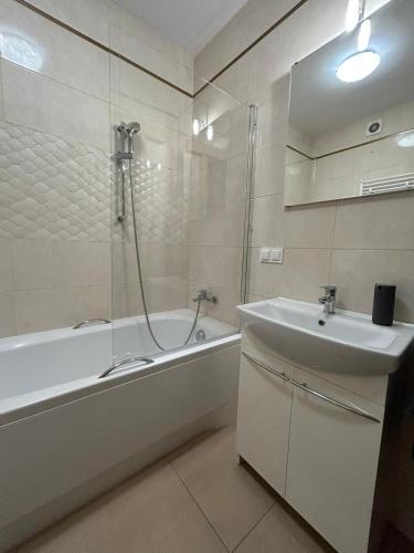 a bathroom with a tub and a sink and a shower at Apartament Sky in Leszno