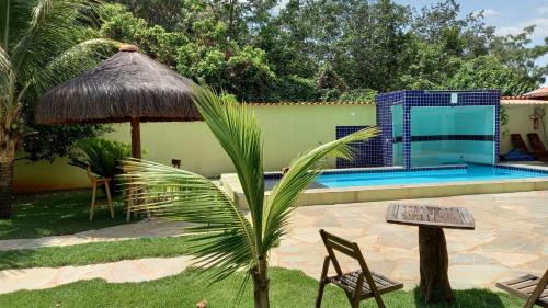 uma palmeira sentada ao lado de uma piscina em Casa dos coqueiros em Pirenópolis