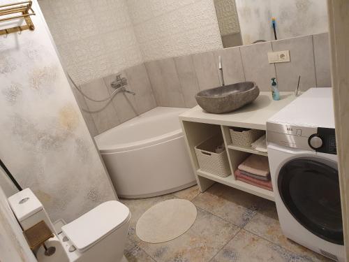 uma casa de banho com um lavatório e uma máquina de lavar roupa em New cozy apartment in the old town of Vilnius, Paupys em Vilnius