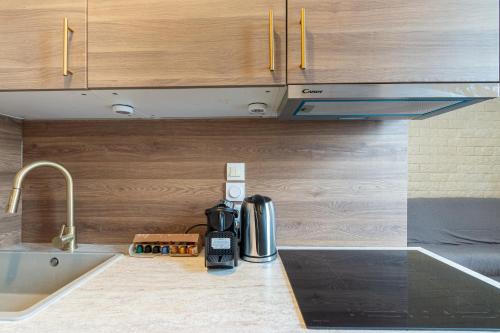 - un comptoir de cuisine avec une cafetière et un évier dans l'établissement Appartement Métro Alexandre Dumas, à Paris