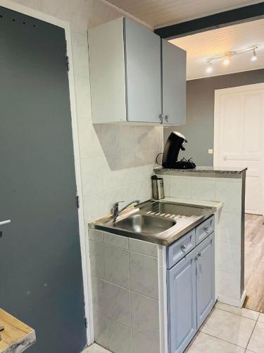 cocina con fregadero y armarios blancos en Appartement de la foret, en Clamart