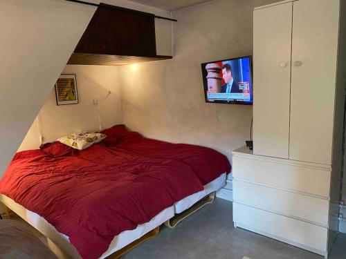 a bedroom with a red bed and a flat screen tv at Mysig innerstads lägenhet in Visby