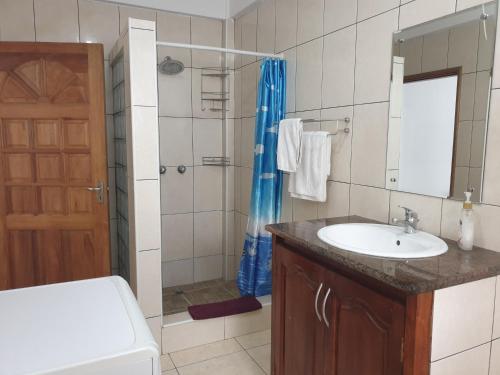 a bathroom with a sink and a toilet and a shower at Palmont Commercial Self-Catering Apartments - Beau Vallon in Beau Vallon