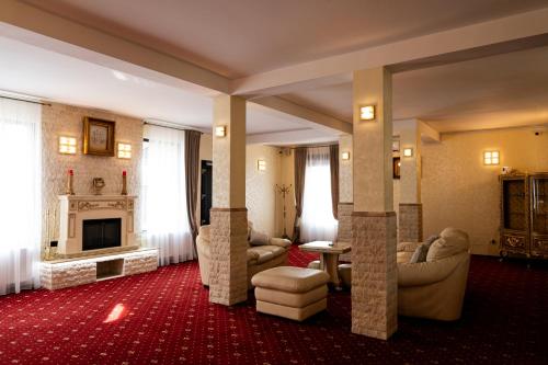 a large living room with couches and a fireplace at Villa Harry in Moşniţa Nouă