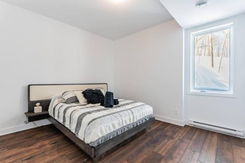 a bedroom with a dog laying on a bed at Bellaria with SPA near Mercier Lake in La Conception