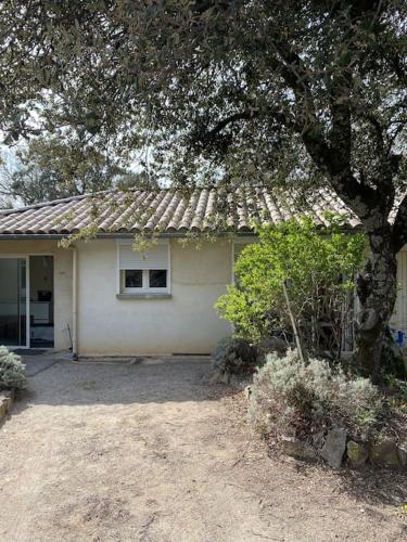 une petite maison blanche avec un arbre en face dans l'établissement Grand studio, à Salles-sous-Bois