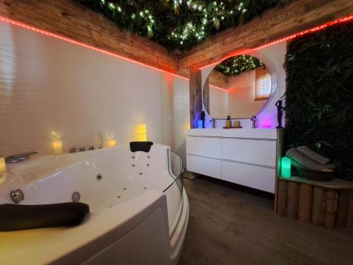 勒博塞的住宿－Mas des rochers - Case bambou，白色的浴室设有浴缸和镜子