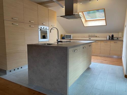 a kitchen with a large island in the middle of it at Cèsa Cianacei Prestige in Canazei
