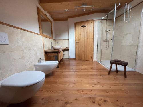 a bathroom with a toilet and a sink and a shower at Cèsa Cianacei Prestige in Canazei