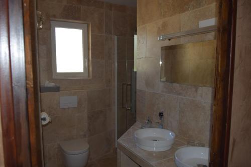 a bathroom with a sink and a toilet and a mirror at Résidence hôtelière et SPA des sources du gros noyer in Malaucène