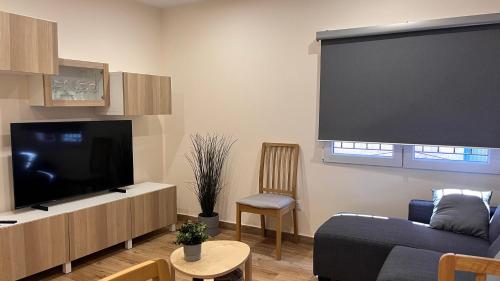 uma sala de estar com um sofá e uma televisão de ecrã plano em APARTAMENTOS PRADERAS PANTANO SAN JUAN em Pelayos de la Presa
