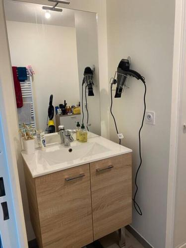 La salle de bains est pourvue d'un lavabo et de 2 sèche-cheveux. dans l'établissement T2 au pieds du métro, la soie, à Villeurbanne