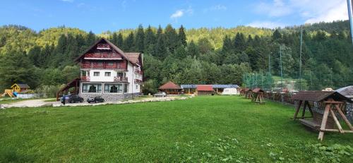 ein großes Gebäude mitten auf einem grünen Feld in der Unterkunft Vila katherina in Moieciu de Sus