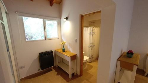 a bathroom with a sink and a toilet and a window at ANIDO Cabañas y Monoambientes in Lago Puelo