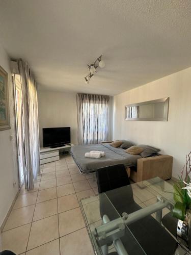 une chambre avec un lit et une télévision dans l'établissement Monaco Border, Terrace, Sea view & Parking, à Beausoleil