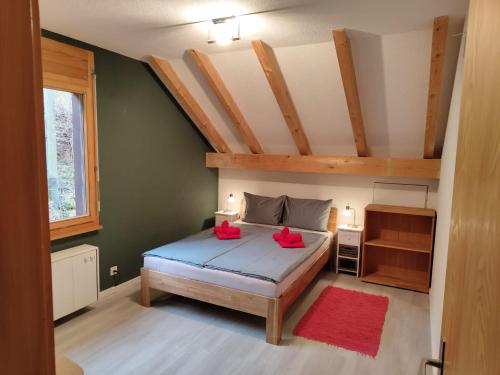 a bedroom with a bed with red pillows on it at Traumhafte Villa Seelisberg in Seelisberg
