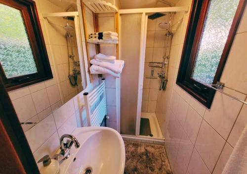 a bathroom with a sink and a shower with towels at "De Jungle" Chalet met veranda op IJsselheide Hattemerbroek Veluwe in Hattemerbroek