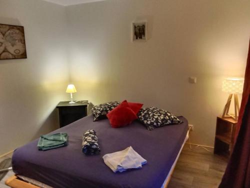 a bedroom with a purple bed with pillows on it at Insolite 20 in Chambéry