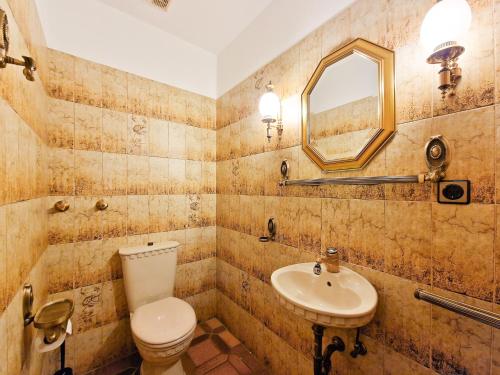 a bathroom with a toilet and a sink and a mirror at Tolstov House - 6 Room House with Terrace and Parking - 30 Min Messe DUS in Mönchengladbach
