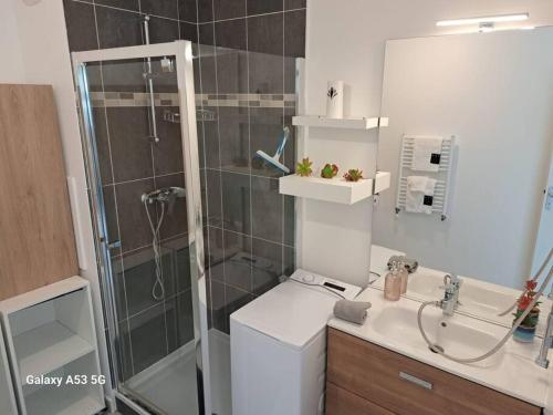 ein Bad mit einer Dusche, einem WC und einem Waschbecken in der Unterkunft Joli Appartement +Jardin privé in Cergy