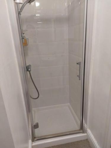 um chuveiro com uma porta de vidro na casa de banho em Red Lion em Exeter