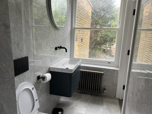 a bathroom with a sink and a toilet and a window at Gorgeous newly refurbished 2 bedroom apartment in London in London