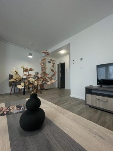 a living room with a vase on the floor and a tv at Comfort & Luxury Apartaments PNMresidence in Timişoara