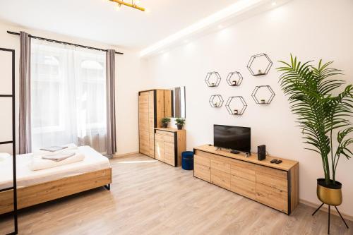 a bedroom with a bed and a tv on a wall at Gaia Studio House in Budapest