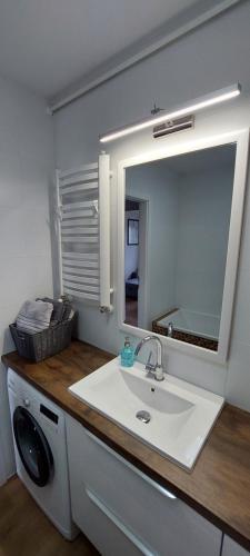 La salle de bains est pourvue d'un lavabo et d'un miroir. dans l'établissement Apartament Choszczno, à Choszczno