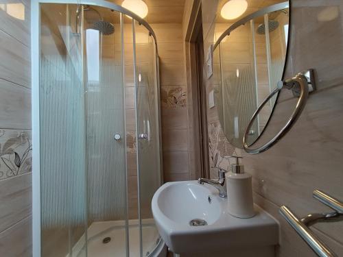 a bathroom with a sink and a shower at Holt-Tisza Vendégház in Szeged