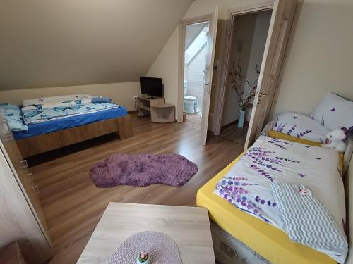 niewielka sypialnia z 2 łóżkami i telewizorem w obiekcie Holt-Tisza Vendégház w Segedynie