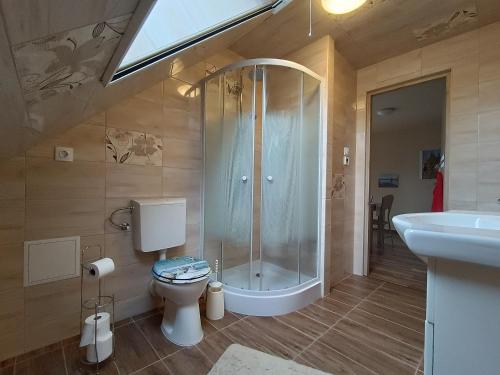 uma casa de banho com um chuveiro, um WC e um lavatório. em Holt-Tisza Vendégház em Szeged