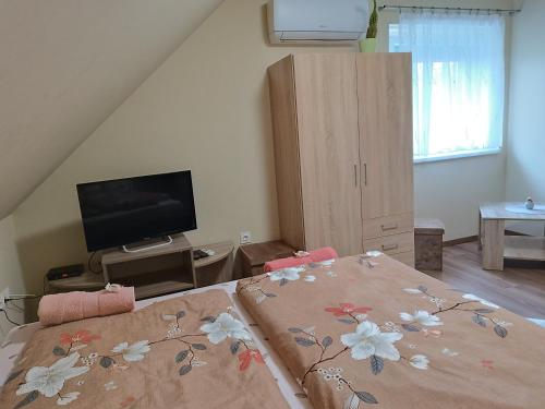 a bedroom with a bed and a television in it at Holt-Tisza Vendégház in Szeged