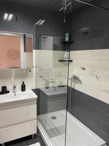 La salle de bains est pourvue d'une douche, d'un lavabo et de toilettes. dans l'établissement Porta Ruzveltova Apartment, à Skopje