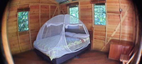 a bed in the inside of a log cabin at Mombacho Lodge in Granada