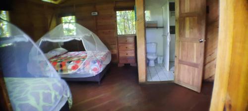 a small room with a bed with a net at Mombacho Lodge in Granada