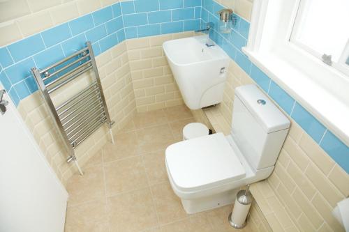 a bathroom with a white toilet and a blue tile wall at The Captain Cook in London