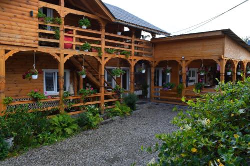 a wooden house with plants on the front of it at Casa Vladicu in Breb