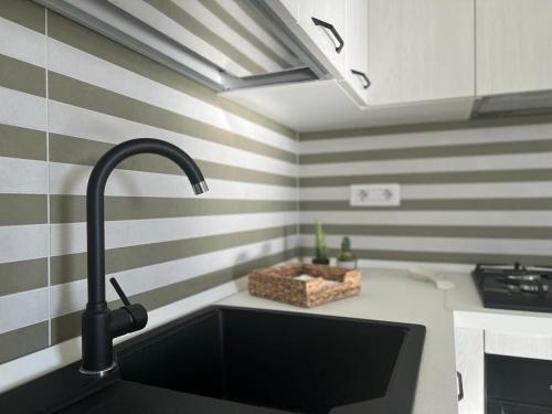 a kitchen with a sink and a striped wall at Residenze Romavi in Ascea