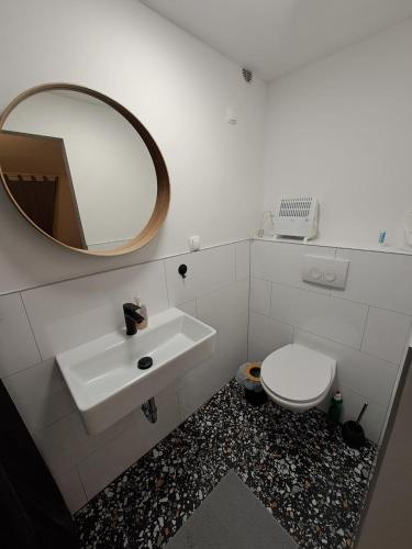 a bathroom with a sink and a toilet and a mirror at Soba Dvori in Zaprešić