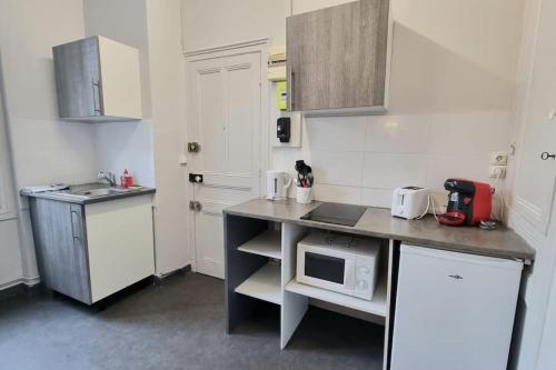 une petite cuisine avec un comptoir et un four micro-ondes dans l'établissement Chez K&D Studio Rouge Le Havre, au Havre