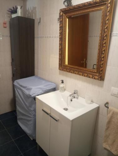 a bathroom with a white sink and a mirror at Can Molone in Cornudella